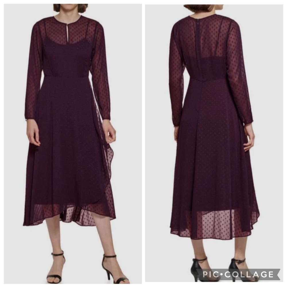 Tommy Hilfiger Swiss Clip Dot Long Sleeve Midi‎ Dress Aubergine Purple 8